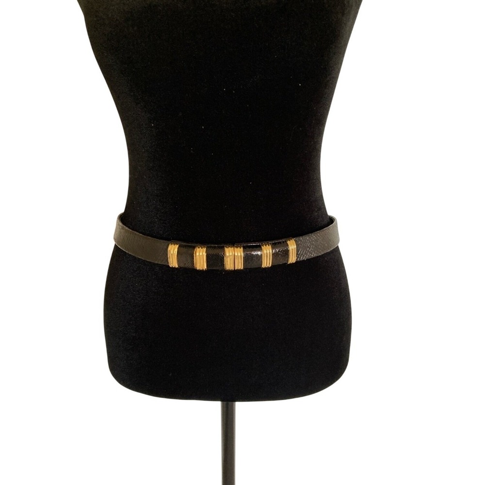 Abigail Womens Black Leather Expandable Belt Gold Accent Buckle Size Large Retro